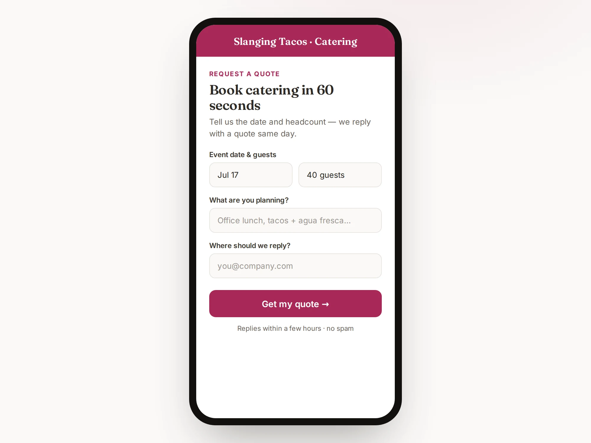 Catering quote form deliverable — mobile intake mockup
