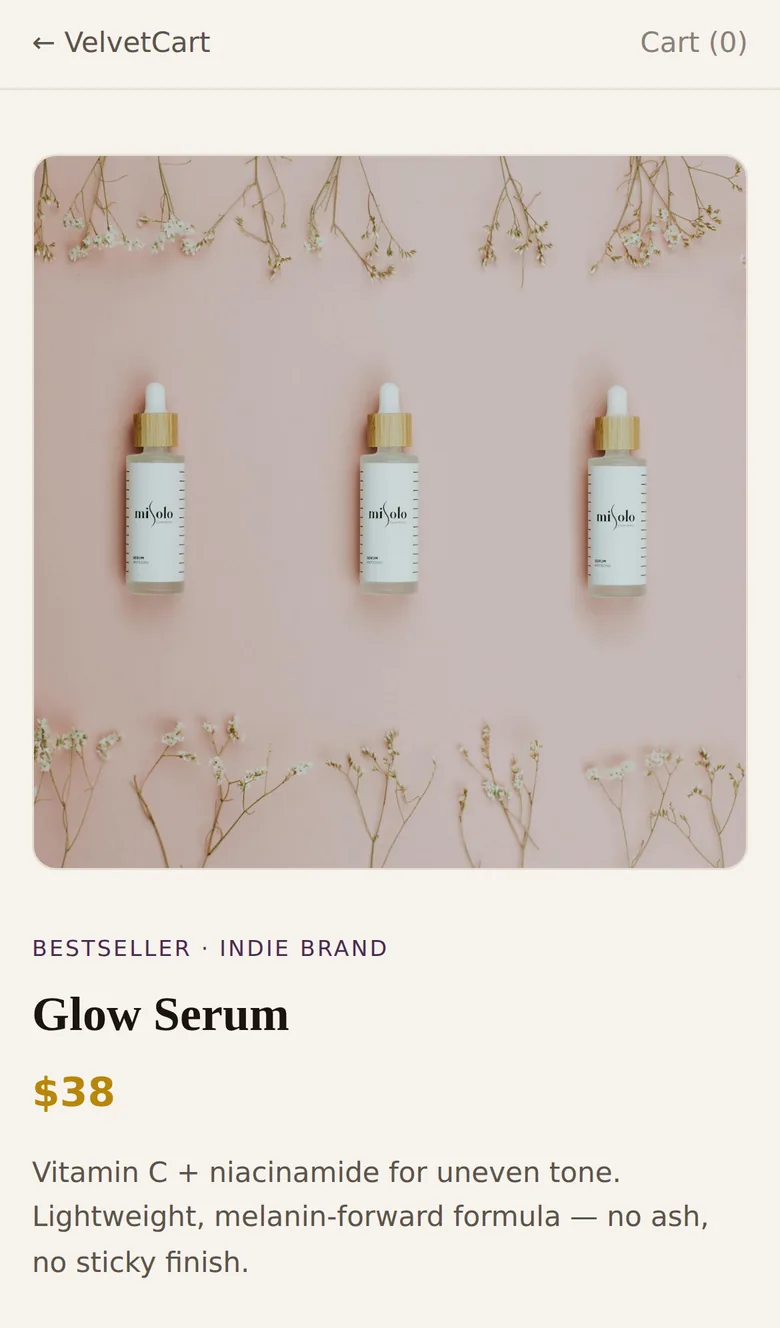VelvetCart product page on mobile — fiction sample